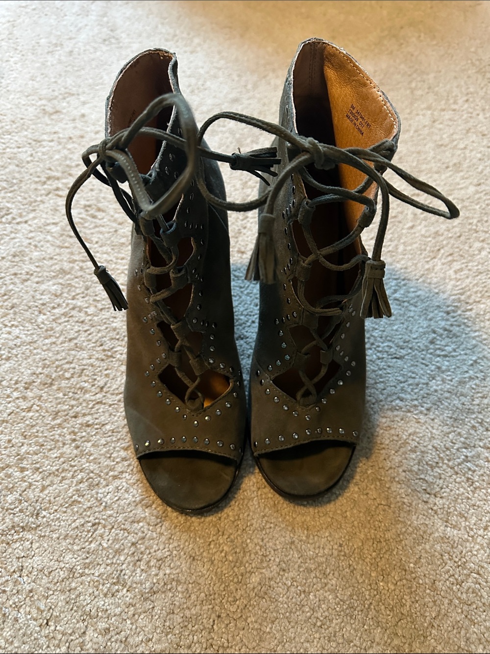 FRYE Lace-Up Peep Toe Studded Suede Ankle Booties - Olive Green, size 9